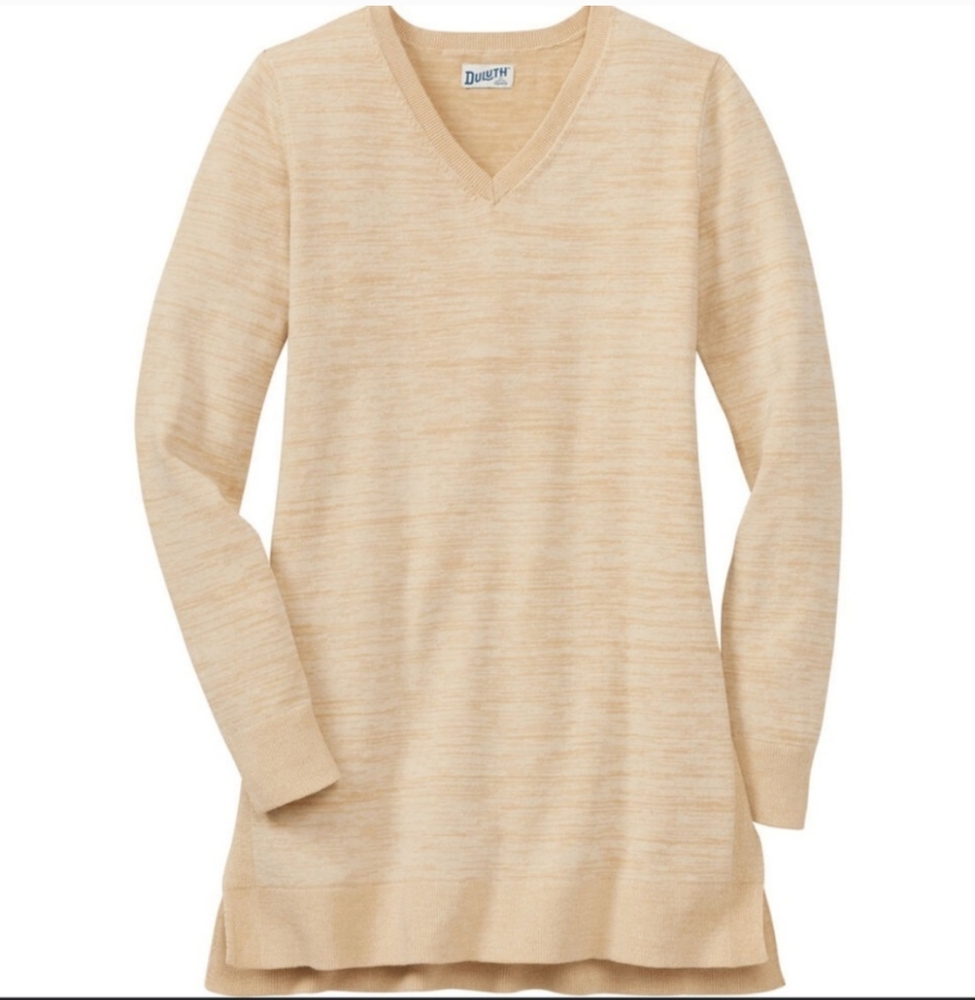 Duluth Trading Cotton V-neck Long Sleeves Sweater Dress Tan White Knit